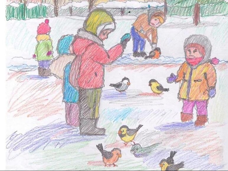Нарисовала детей, подкармливающих городских птиц зимой" Кольченко Елена Анатольевна