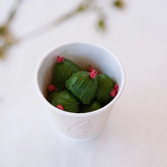 <p>raspberry matcha bonbons </p>