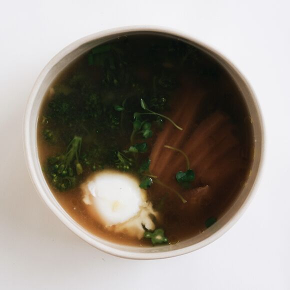 <p>chicken soup with orzo and broccolini</p>