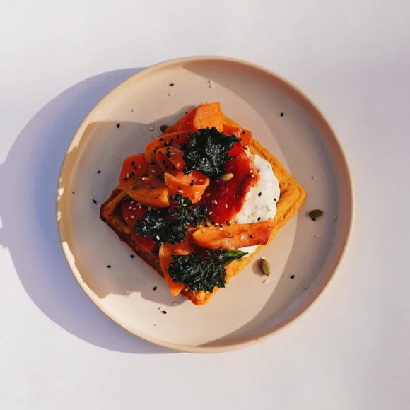 <p>pumpkin waffle, carrot, tofu aioli</p>