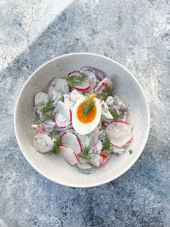 <p>Салат овощной из огурца, редиса, томата и лука</p>