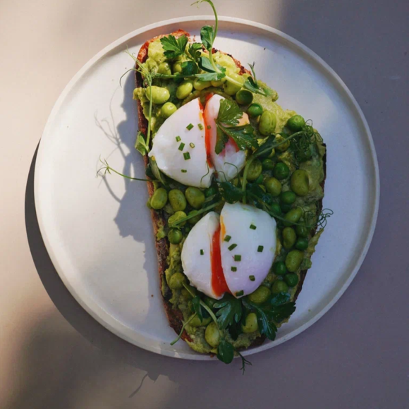 <p>avocado toast, eggs, greens</p>