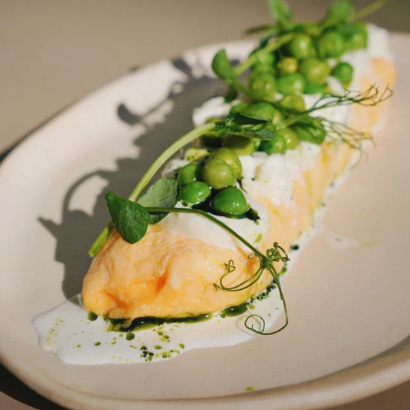 <p>omelette, stracciatella, green peas</p>