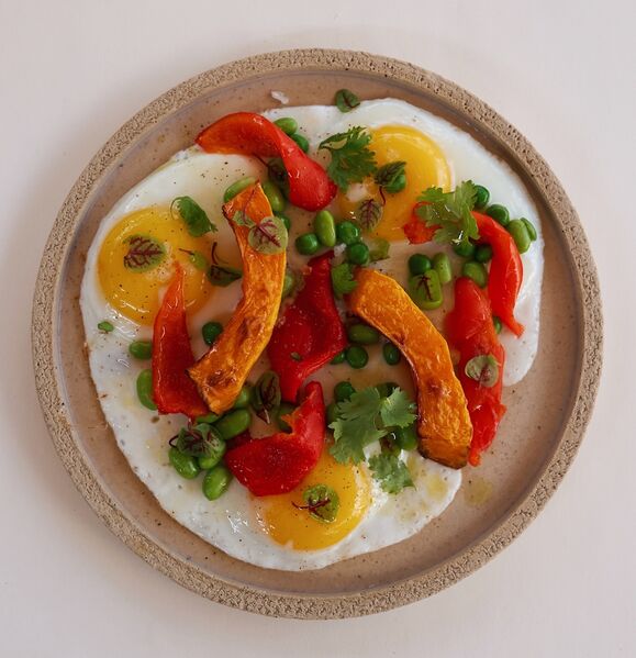 <p>sunny side up with vegetables</p>