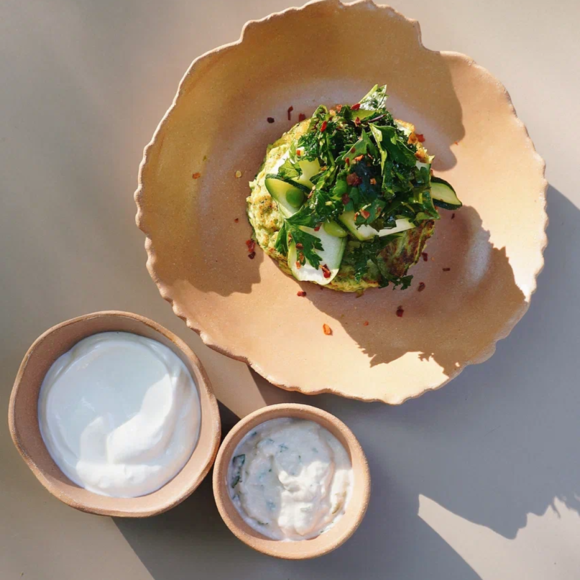 <p>zucchini pancakes with greek yogurt/vegan aioli</p>