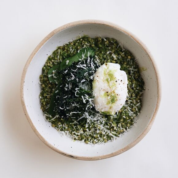 <p>green buckwheat with poached egg</p>