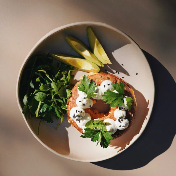 <p>protein bagel, scrambled eggs, salad</p>