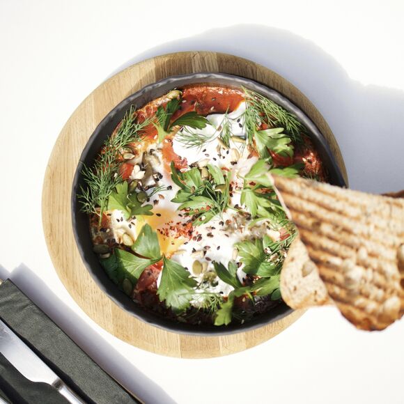 <p>shakshuka, yogurt, toast</p>